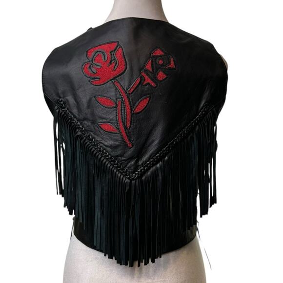 VTG Biker Leather Club Sheep Leather Vest Red Rose Detail Fringe Concho Sz Small - Picture 3 of 6